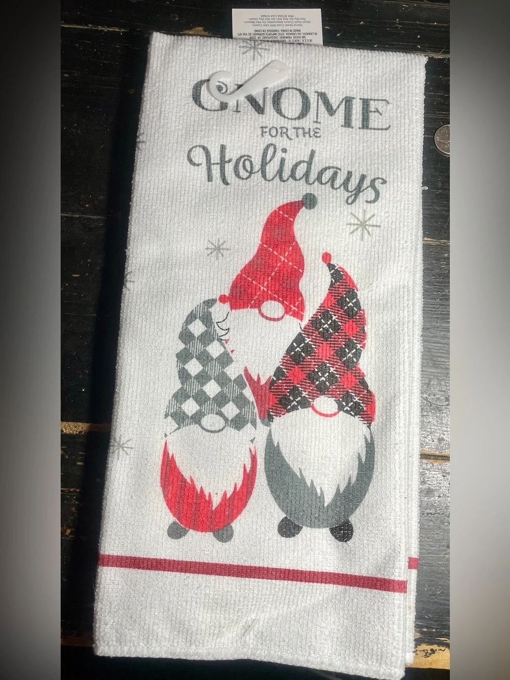 Holiday Gnome Kitchen Towel in White, Red & Gray